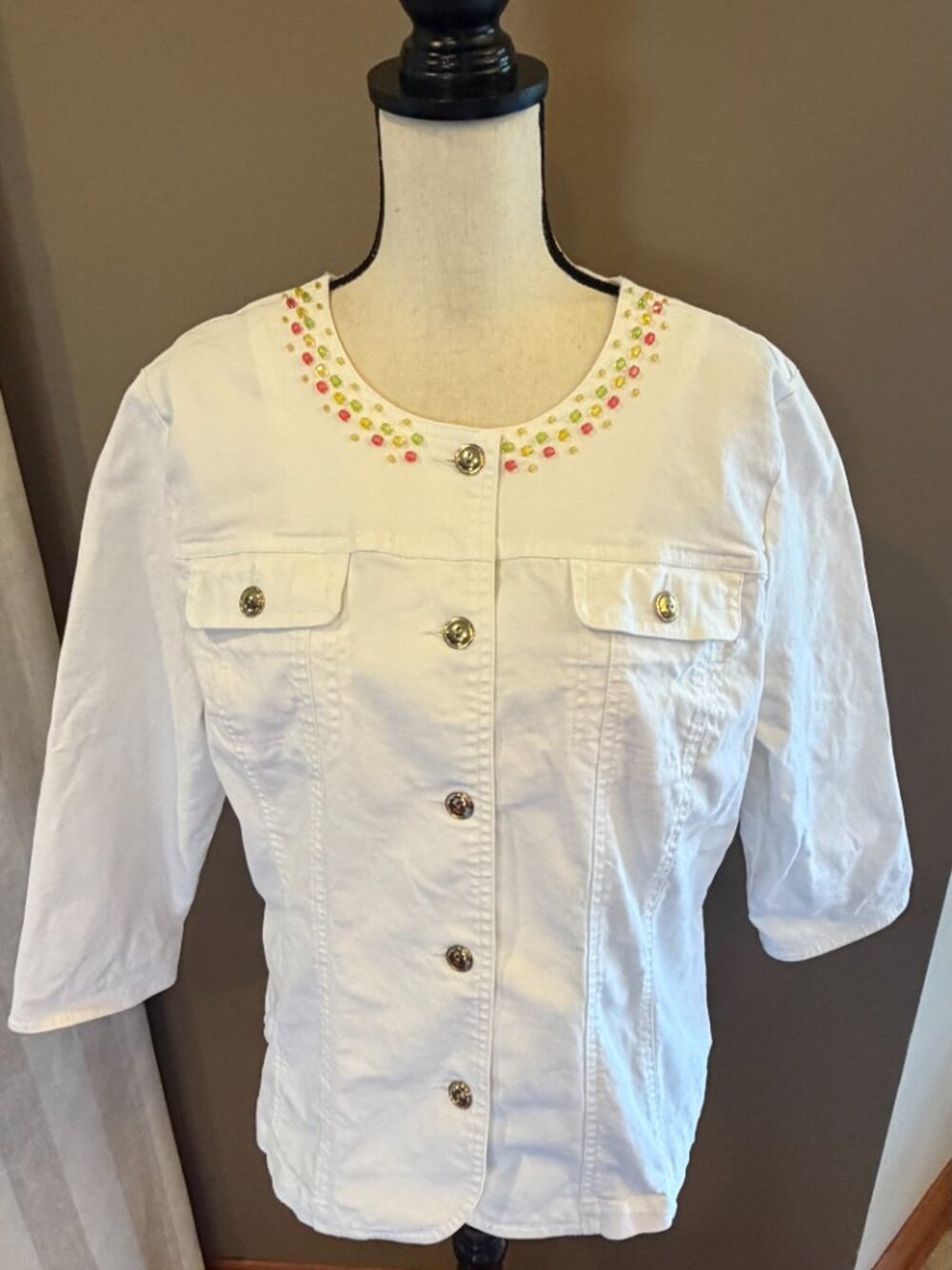 Hearts of Palm Embellished White Stretch Denim Jacket 3/4 Sleeve, Size 18